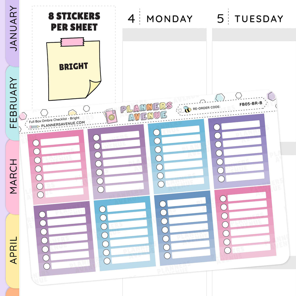 Colorful planner stickers with checkboxes on a planner page, showing 'Planners Avenue' branding.