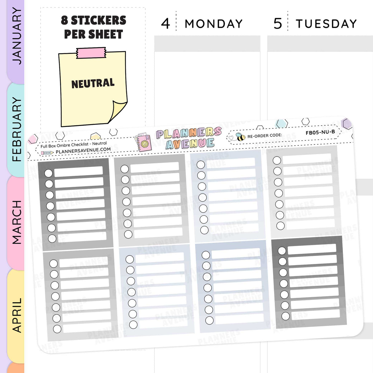 Planner stickers sheet with various designs and text on a white background