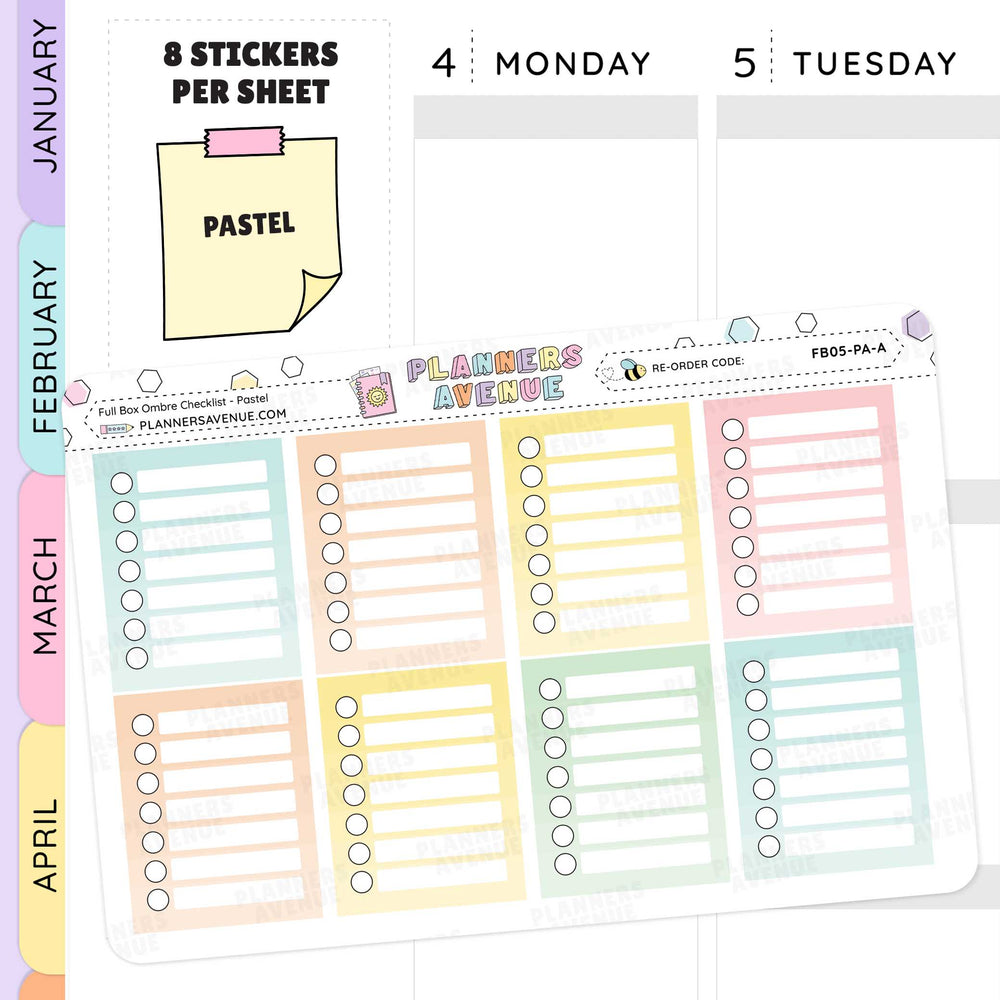 Pastel-colored planner stickers with checkboxes and text on a white background