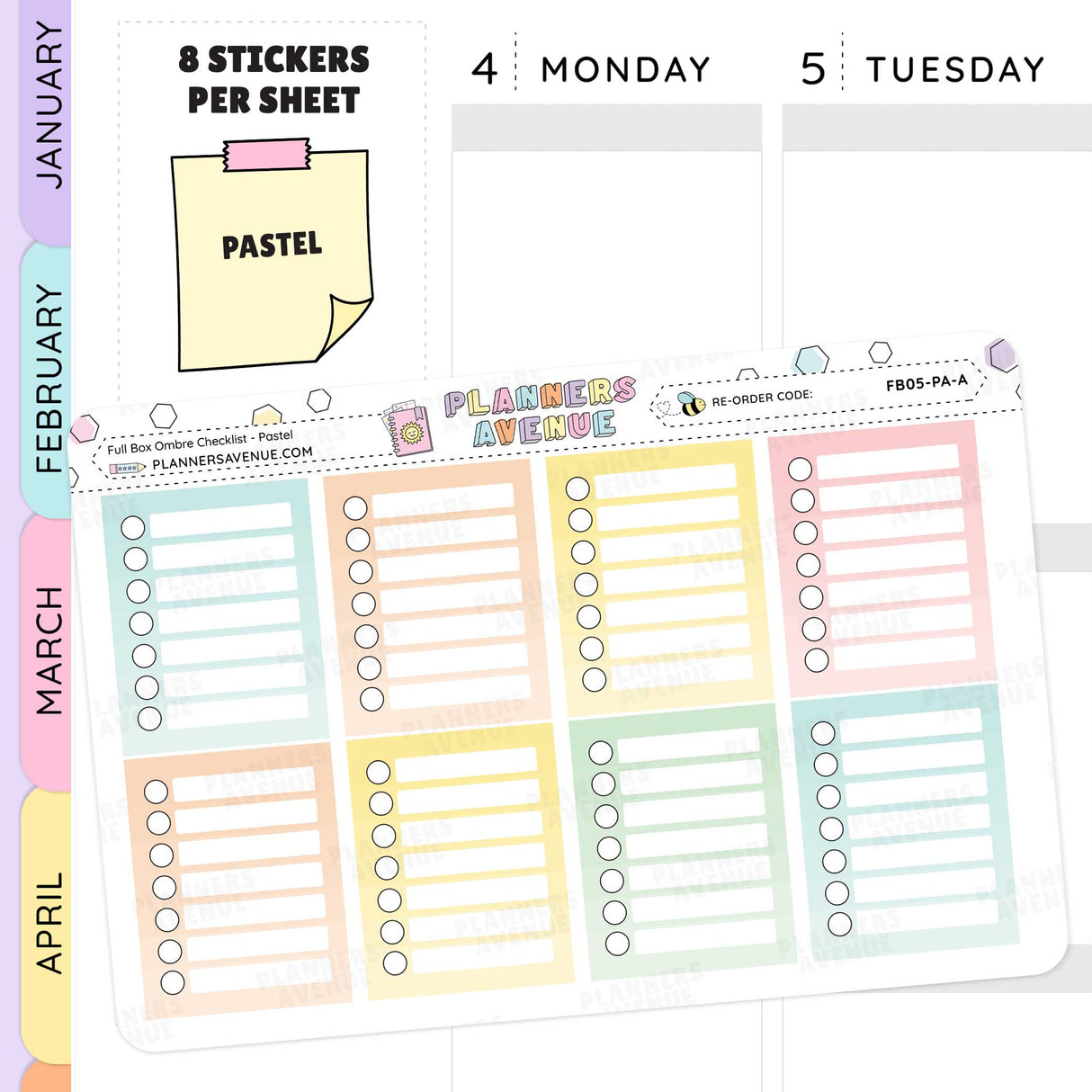 Pastel-colored planner stickers with checkboxes and text on a white background