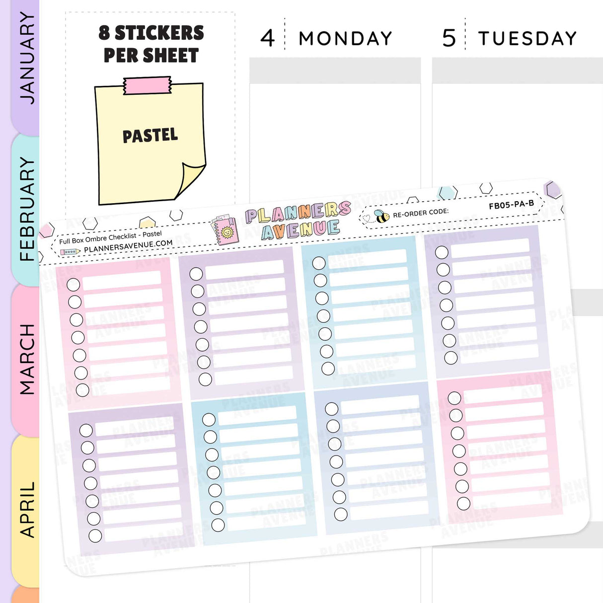 Pastel-colored planner stickers with checklists on a white background