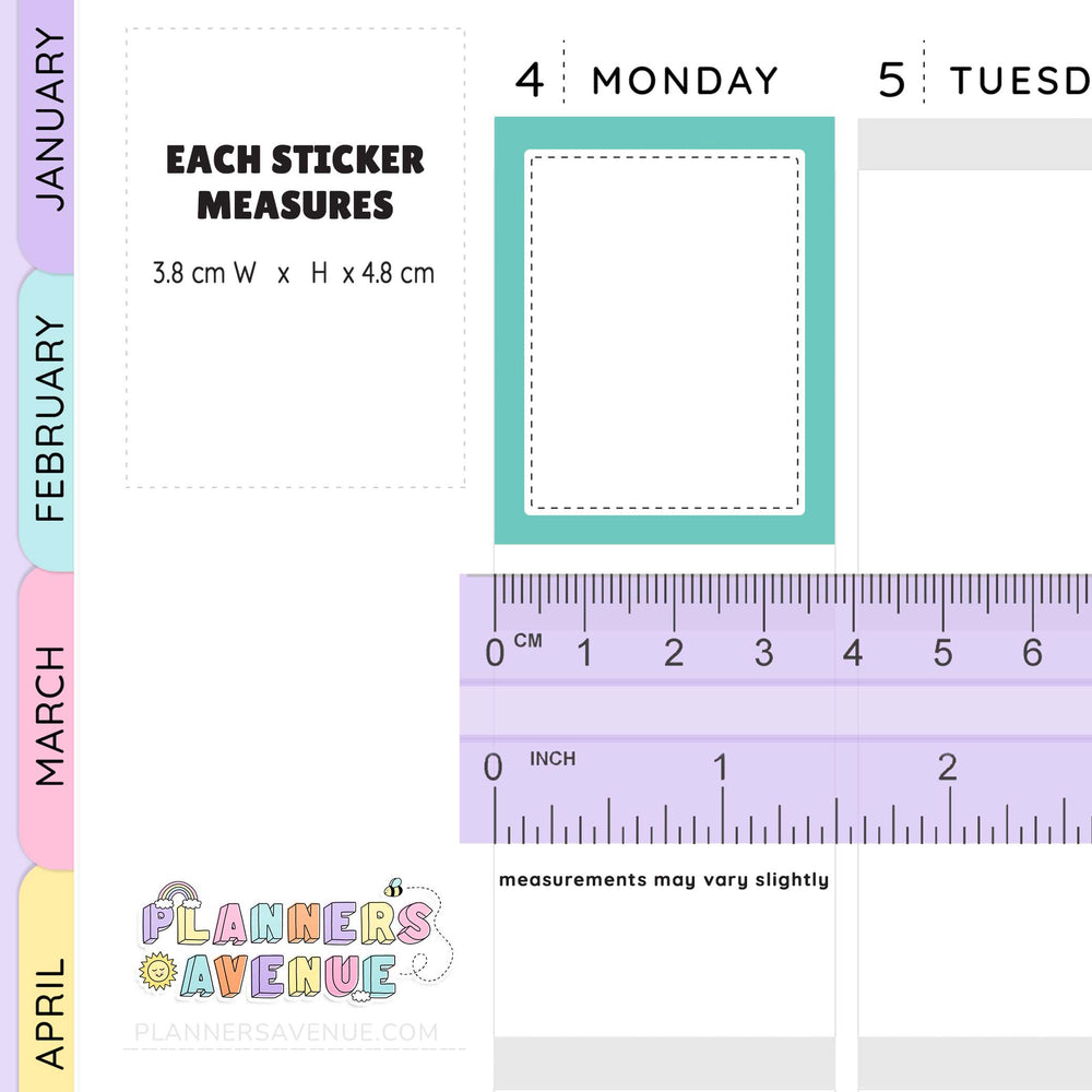 Planner stickers with dimensions and a ruler for scale, featuring the brand 'Planners Avenue'.
