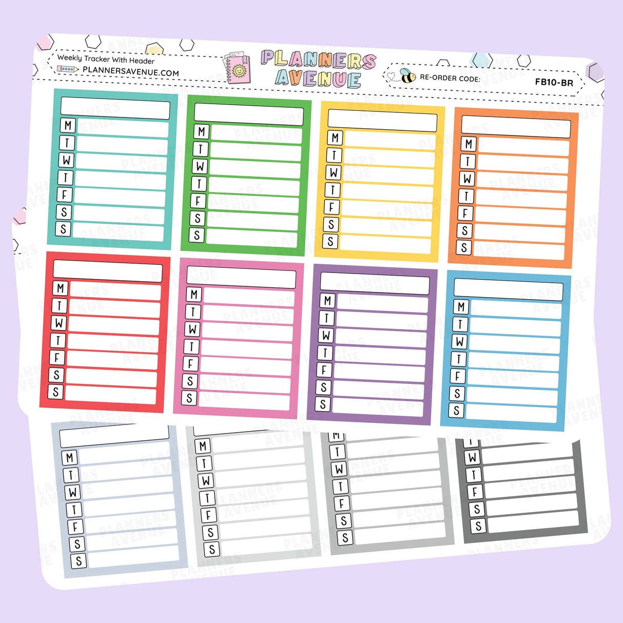 Full Box Weekly Tracker Stickers with days of the week on a light purple background