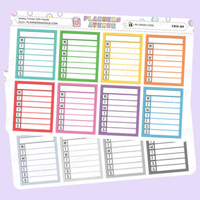 Full Box Weekly Tracker Stickers with days of the week on a light purple background