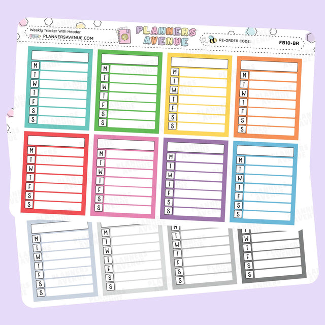 Full Box Weekly Tracker Stickers with days of the week on a light purple background