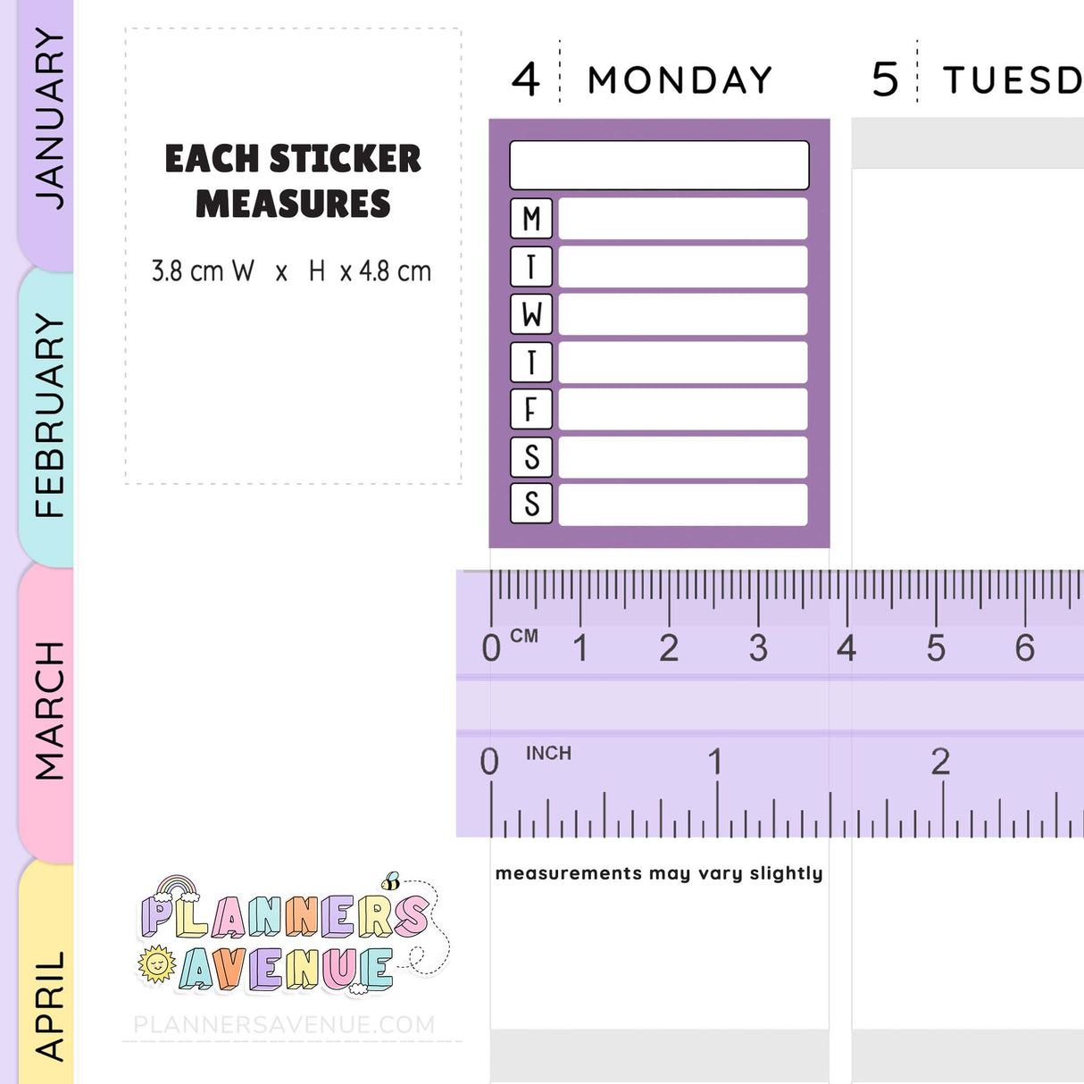 Calendar stickers with a ruler for measurement, featuring the brand 'Planners Avenue'.