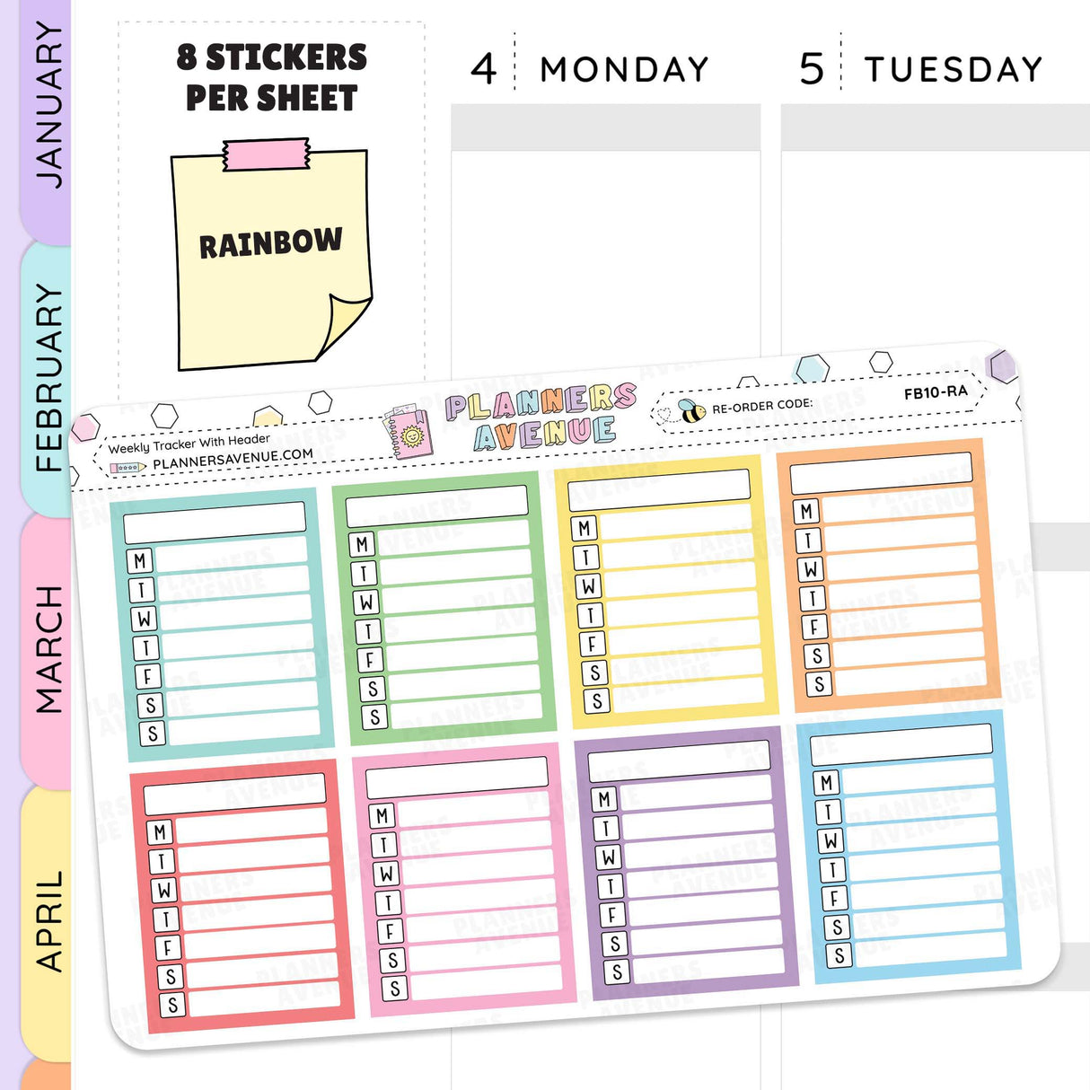 Rainbow coloured Weekly planner stickers with colourful boxes for each day of the week, labelled 'Monday' to 'Sunday'.