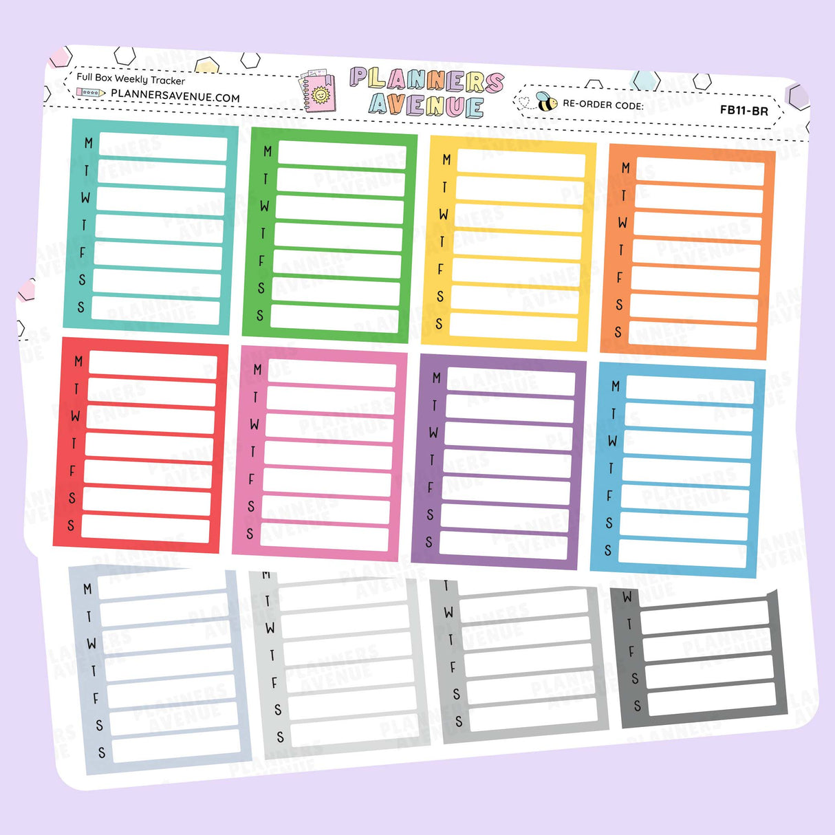 Weekly Tracker Planner Stickers with days of the week labels on a light purple background.