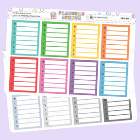 Weekly Tracker Planner Stickers with days of the week labels on a light purple background.