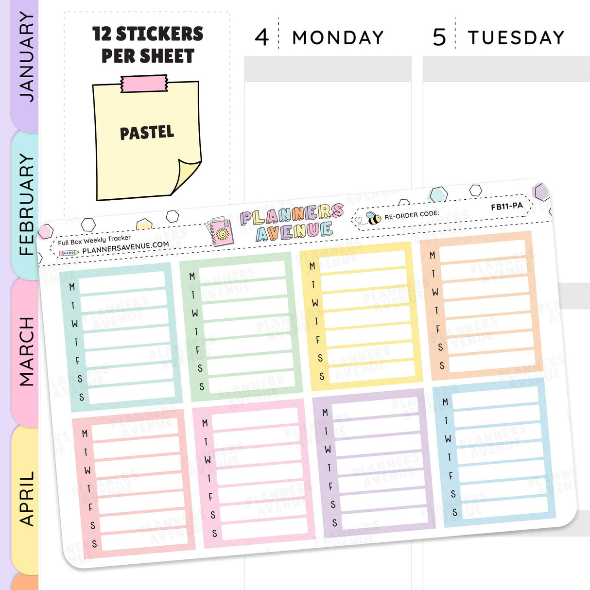 Weekly Tracker Planner Stickers with a weekly layout and 'Pastel' label on a white background