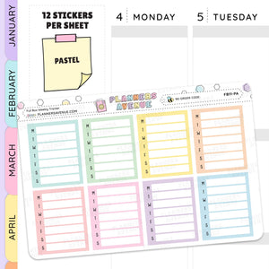 Weekly Tracker Planner Stickers with a weekly layout and 'Pastel' label on a white background