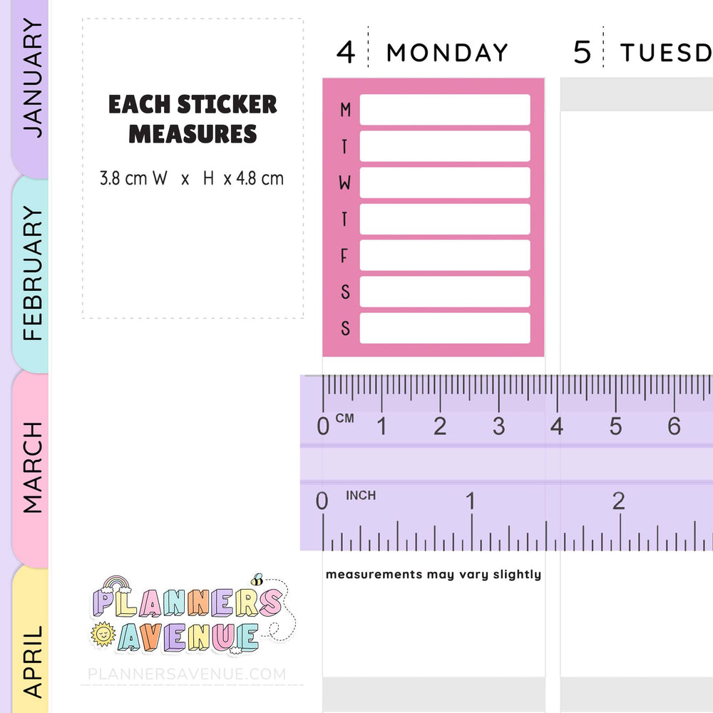 Calendar stickers with a ruler for measurement, showing days of the week and month labels.