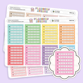Weekly Hydrate Tracker Stickers from Planners Avenue, featuring colorful grid layouts for Monday through Sunday with letters M T W T F S S. A pink cloud-shaped sticker is shown in front of the sheets on a light lavender background.