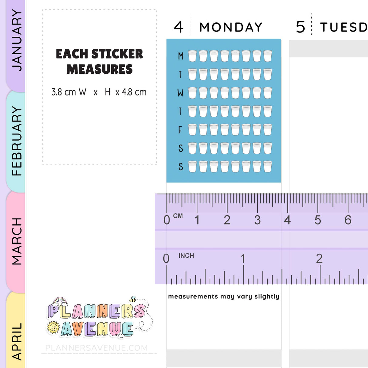 Weekly Hydrate Tracker Stickers with a ruler for measurement, featuring days of the week and month labels.
