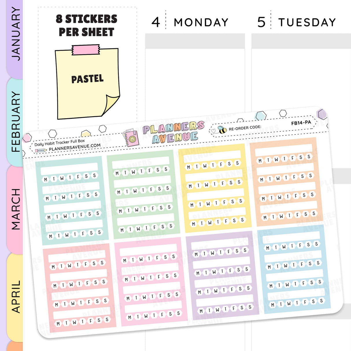 Planner stickers with pastel colours on a white background