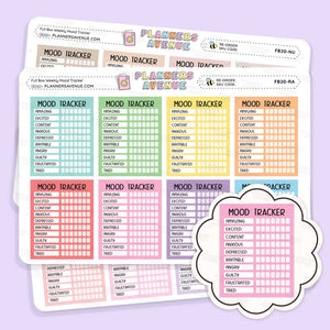 Weekly Mood Tracker Stickers with multiple colour-coded mood scales and checklist grids, shown on a clean white background.