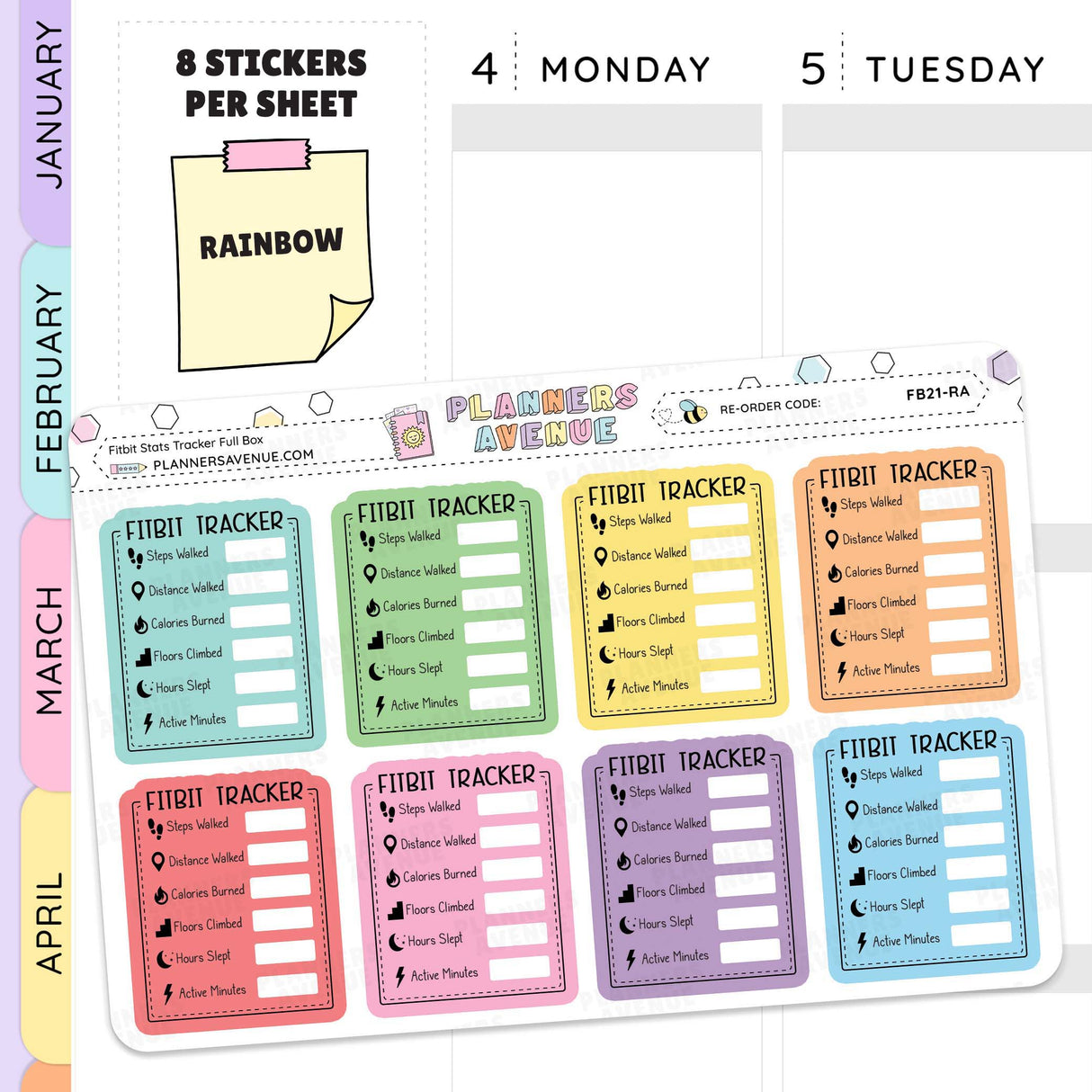 Rainbow Fitbit Stats Tracker Planner Stickers