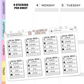 Sheet of social media tracker stickers for various platforms