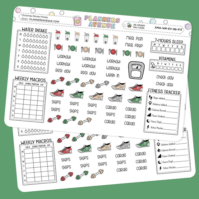 Christmas Movies Fitness Planner Stickers tracker sticker sheets from Planners Avenue on a green background