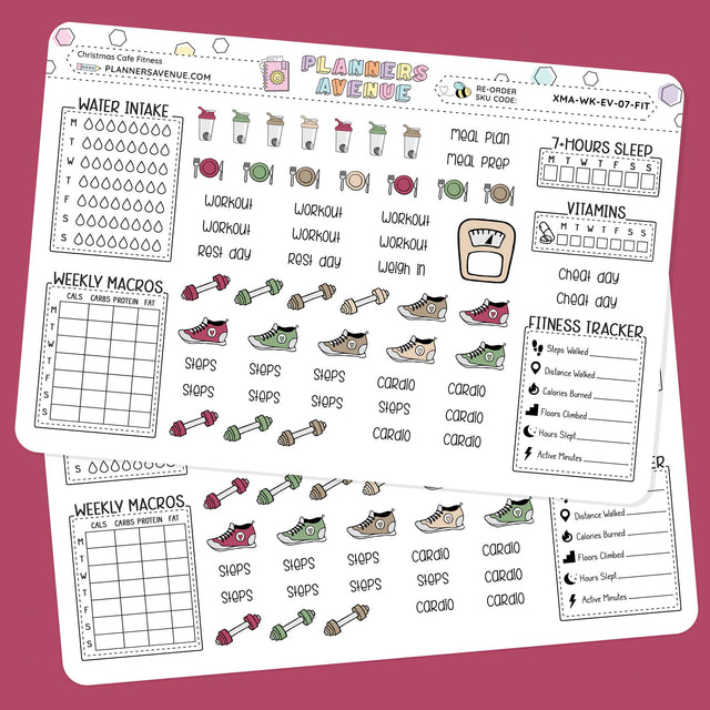 Christmas Cafe Fitness Planner Stickers  with fitness and lifestyle tracking elements on a pink background.