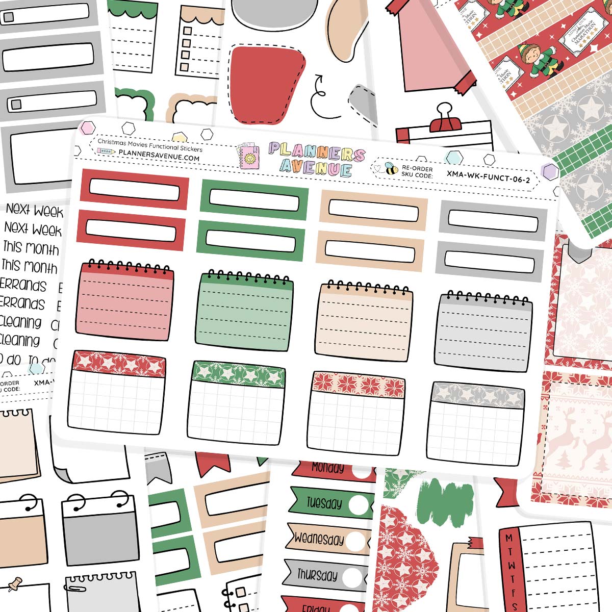 Christmas Movies Functional Planner Stickers Bundle various functional stickers with boxes, checklist, washi stickers