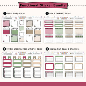 Functional sticker bundle with various planner stickers on a white background
