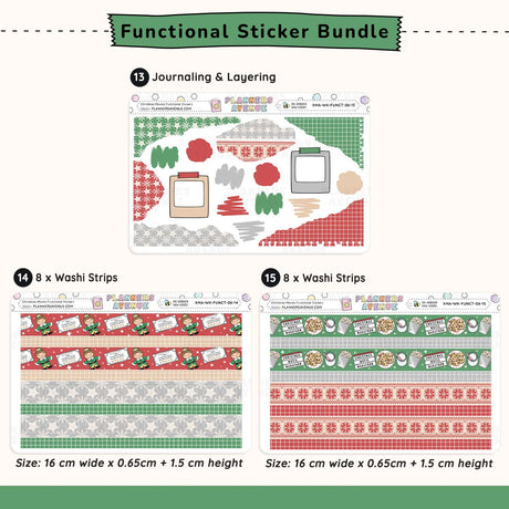 Functional sticker bundle with journaling and layering elements and washi strips on a white background.