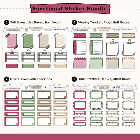 Functional sticker bundle with various planner stickers including full boxes, list boxes, weekly trackers, habit trackers, and more.