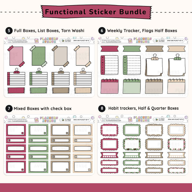 Functional sticker bundle with various planner stickers including full boxes, list boxes, weekly trackers, habit trackers, and more.