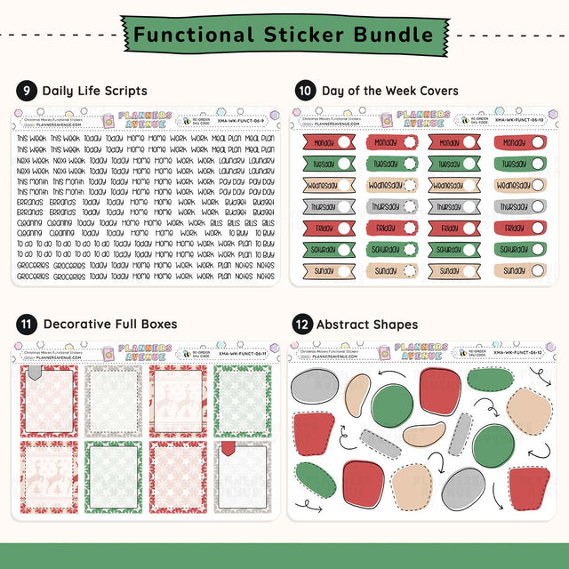 Functional sticker bundle with various planner stickers including script words, day of the week covers, full boxes and various shapes.