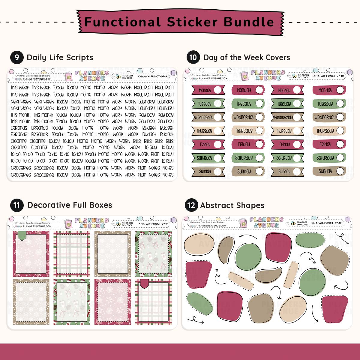 Functional Planner Stickers Bundle with script words, day of the week covers, full boxes and various shapes.