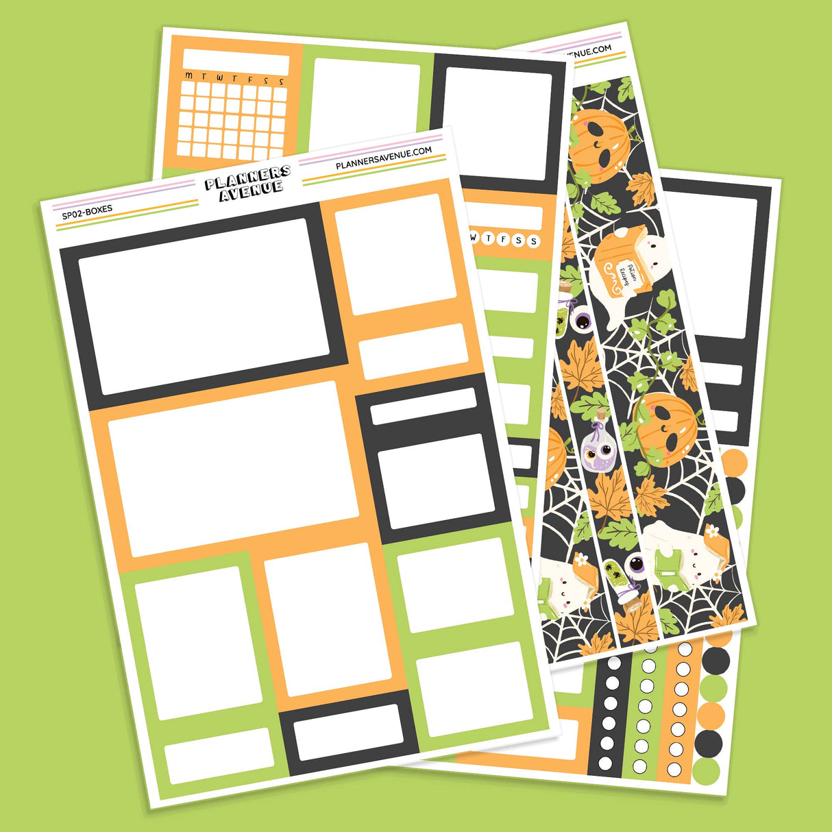 Halloween-themed planner stickers with pumpkins, ghosts, and spider webs on a green background.