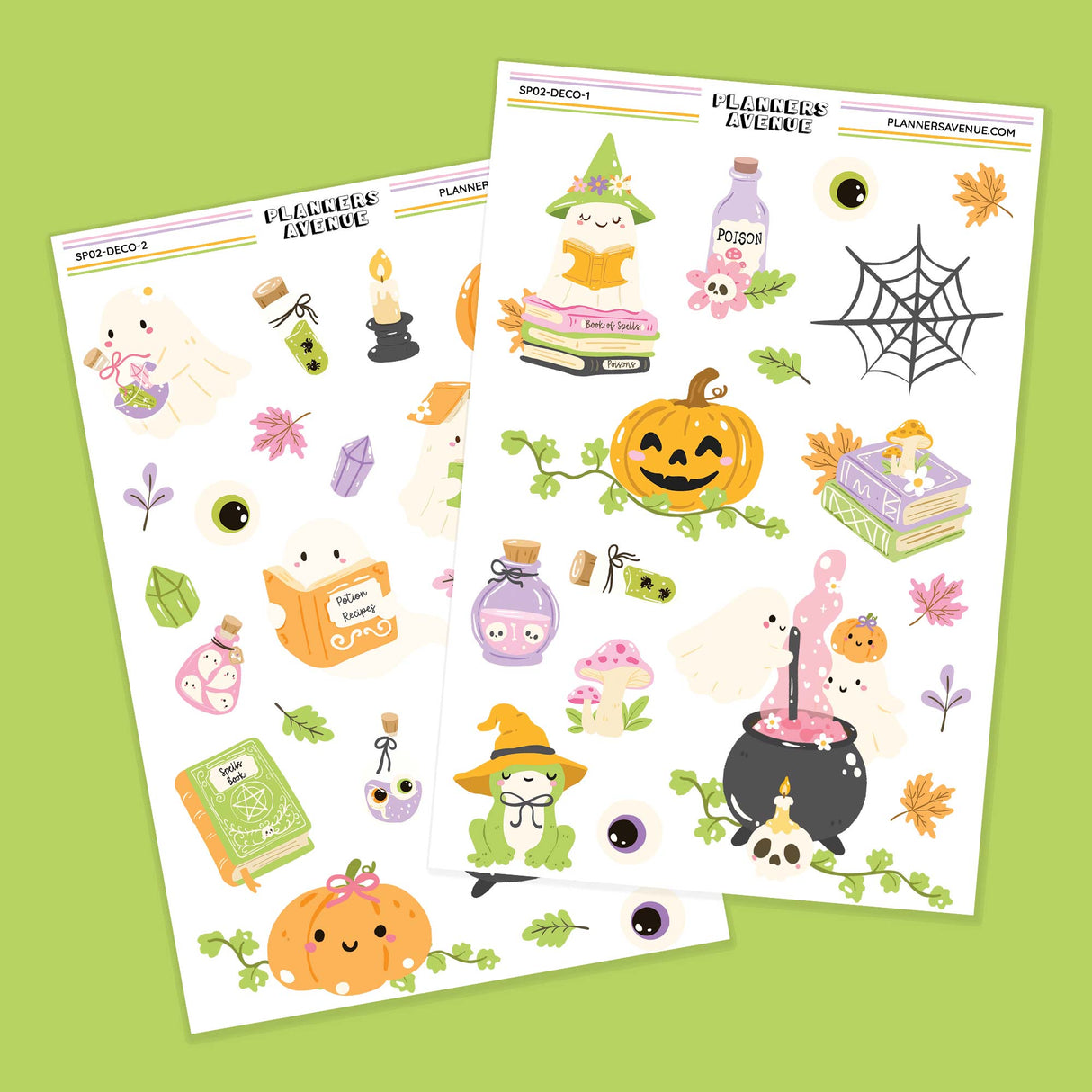 Two sheets of Halloween-themed stickers with various cute illustrations on a green background.