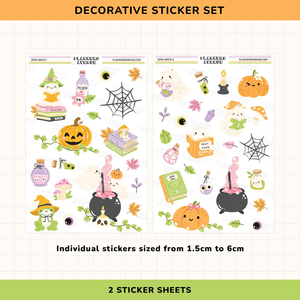 Decorative sticker set with Halloween-themed designs on a lined paper background.
