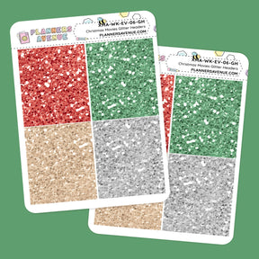 Christmas Movies Glitter Header Planner Stickers glittery effect stickers with red, green, and silver colours on a green background.