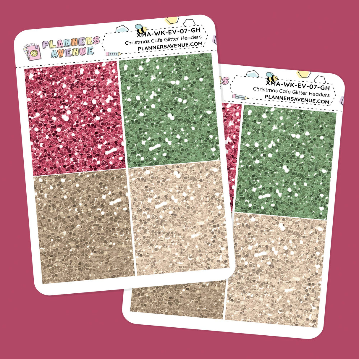 Christmas Cafe Glitter Header Planner Stickers with pink, green, and gold colours on a pink background.