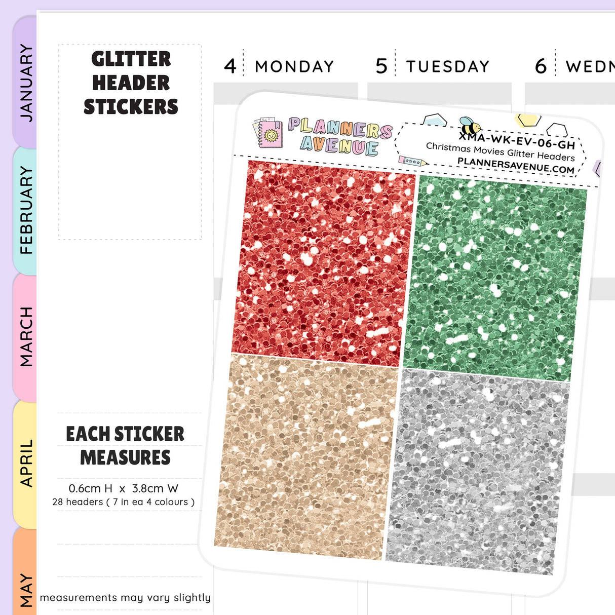 Glitter header stickers in red, green, gold, and silver on a planner page.