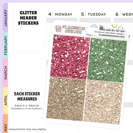 Glitter header stickers with pink, green, and gold glitter patterns on a planner page background.