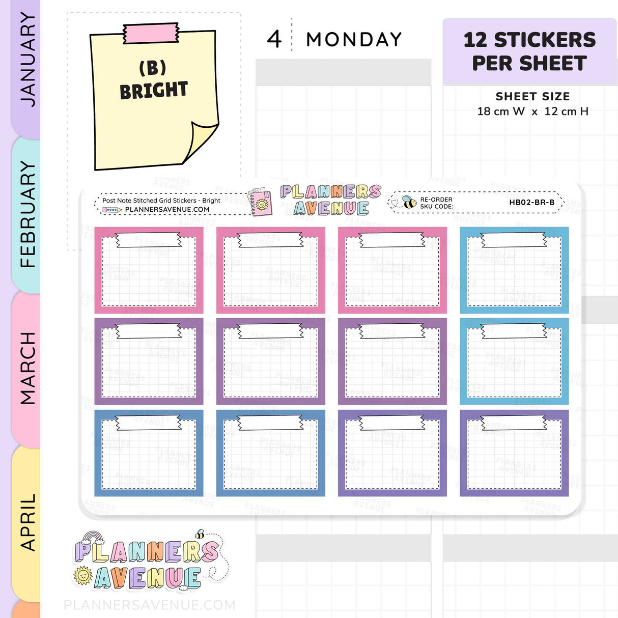 Post Note Stitched Grid Planner Stickers