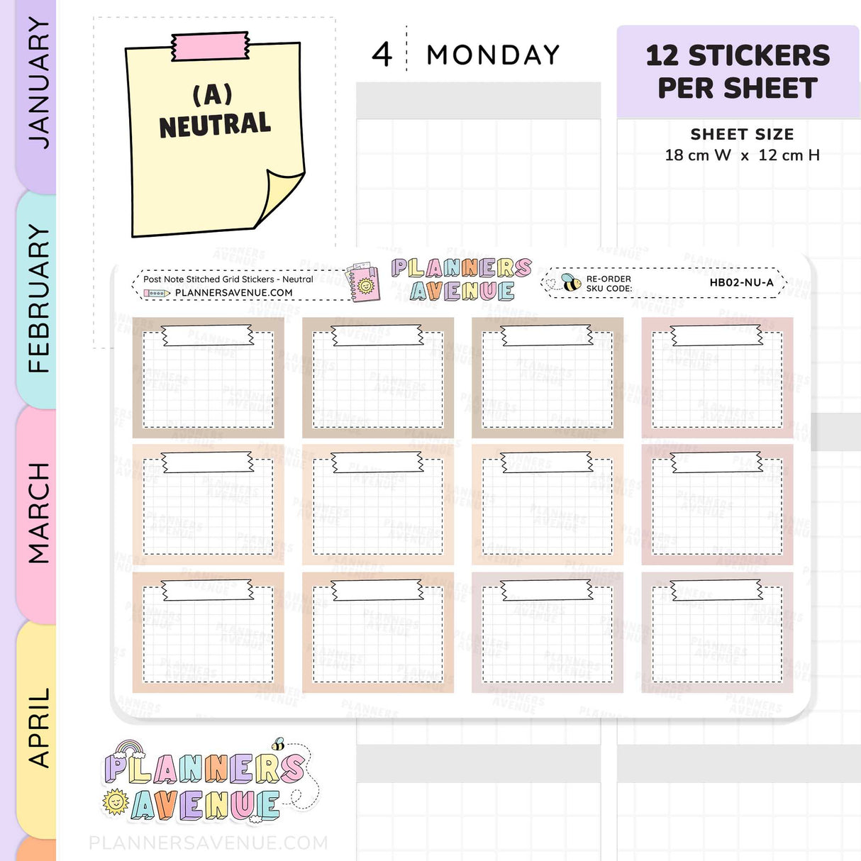 Post Note Stitched Grid Planner Stickers