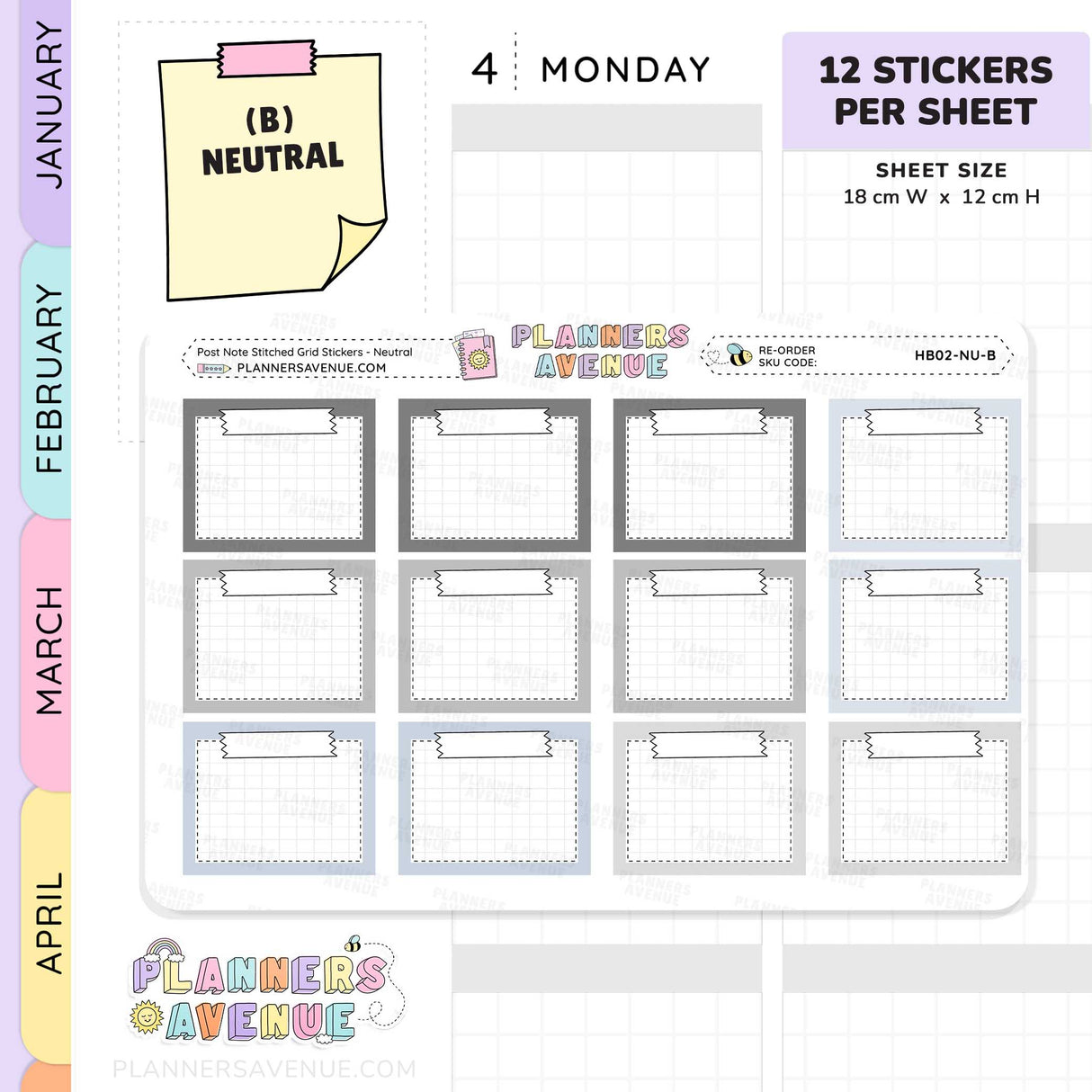 Post Note Stitched Grid Planner Stickers