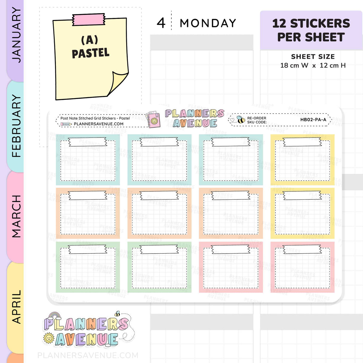 Post Note Stitched Grid Planner Stickers