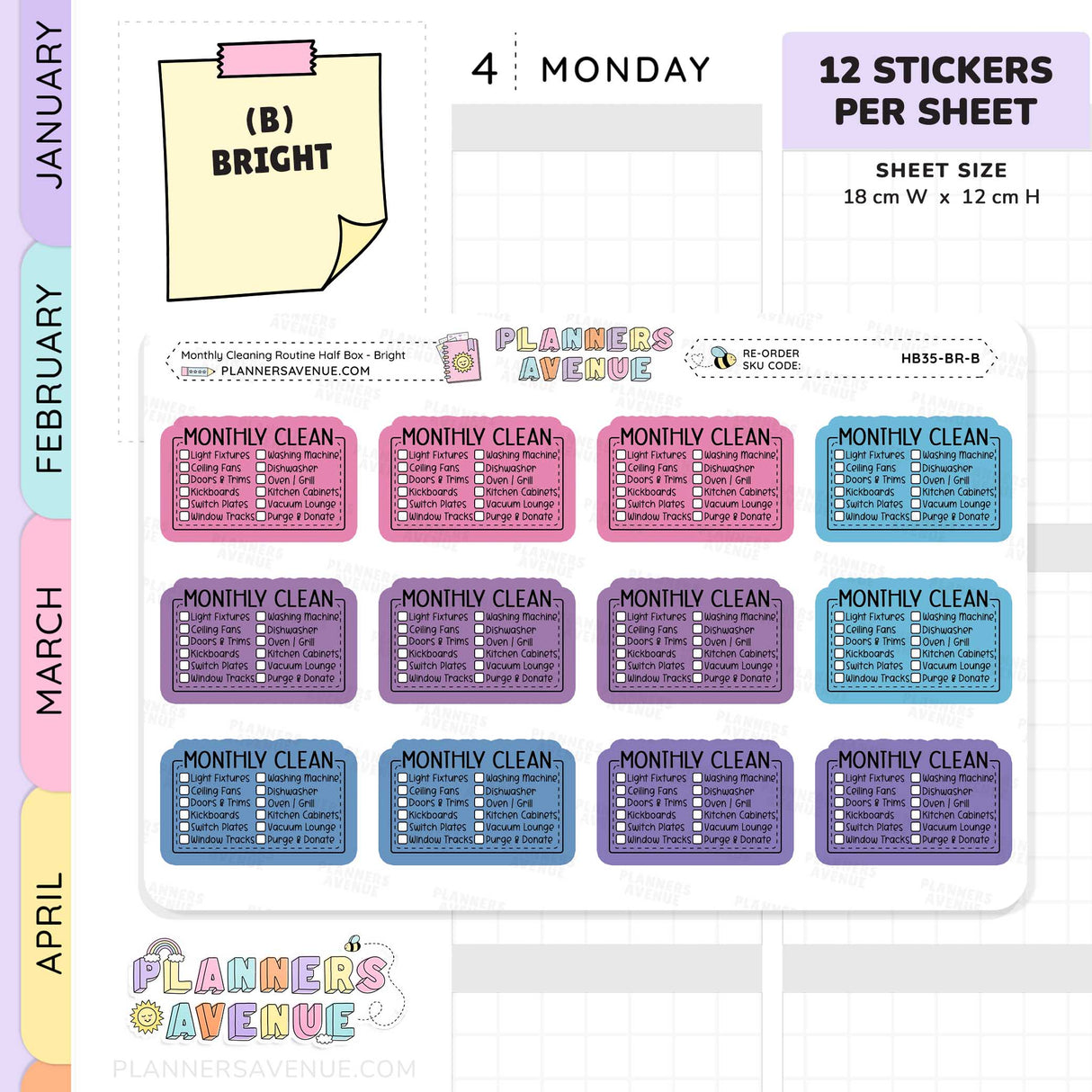 Monthly Cleaning Planner Stickers - Checklist Box