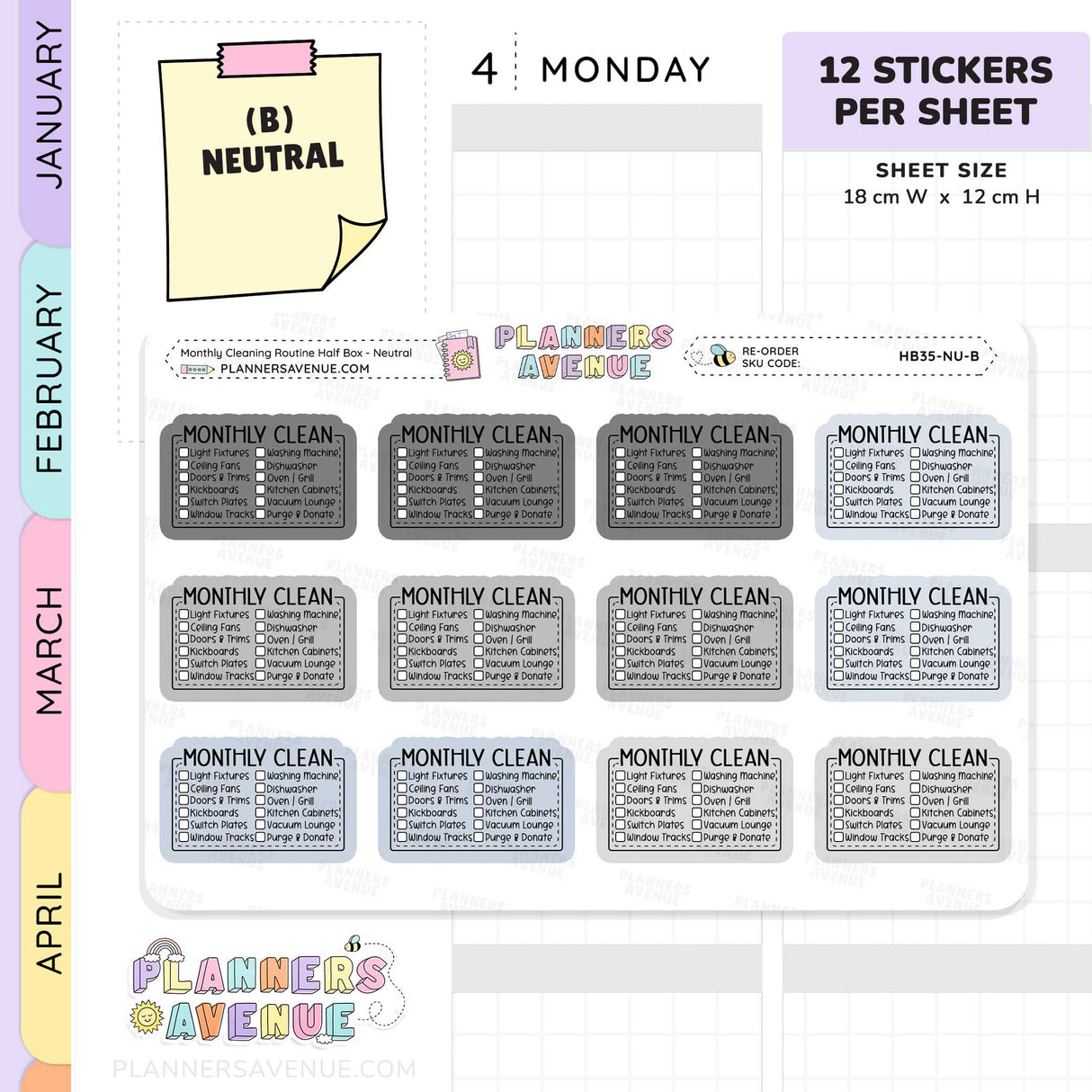 Monthly Cleaning Planner Stickers - Checklist Box