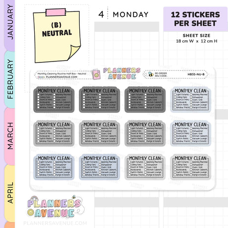 Monthly Cleaning Planner Stickers - Checklist Box