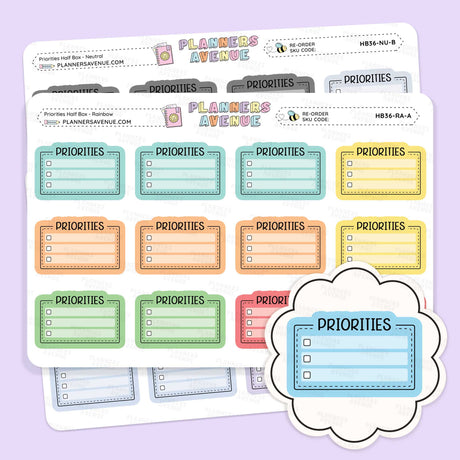 Priorities Planner Stickers - Checklist Box priority planner stickers on a light lavender background. The sheets feature pastel-colored rectangular boxes with dashed borders, checkboxes, and the word 'PRIORITIES' in different colors (teal, orange, yellow, green, red, and blue).