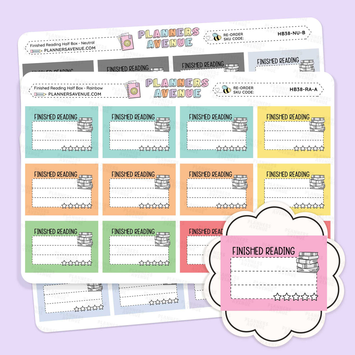 Finished Reading Half Box Planner Stickers for tracking finished reading, featuring pastel blue, orange, yellow, green, pink, and red sections with 'FINISHED READING' text and star icons, shown on a light lavender background.