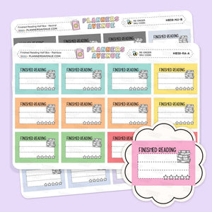 Finished Reading Half Box Planner Stickers for tracking finished reading, featuring pastel blue, orange, yellow, green, pink, and red sections with 'FINISHED READING' text and star icons, shown on a light lavender background.