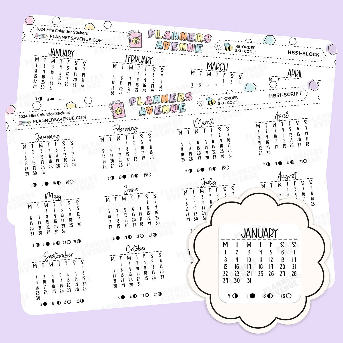 2024 Moon Phase Calendar Month Planner Stickers