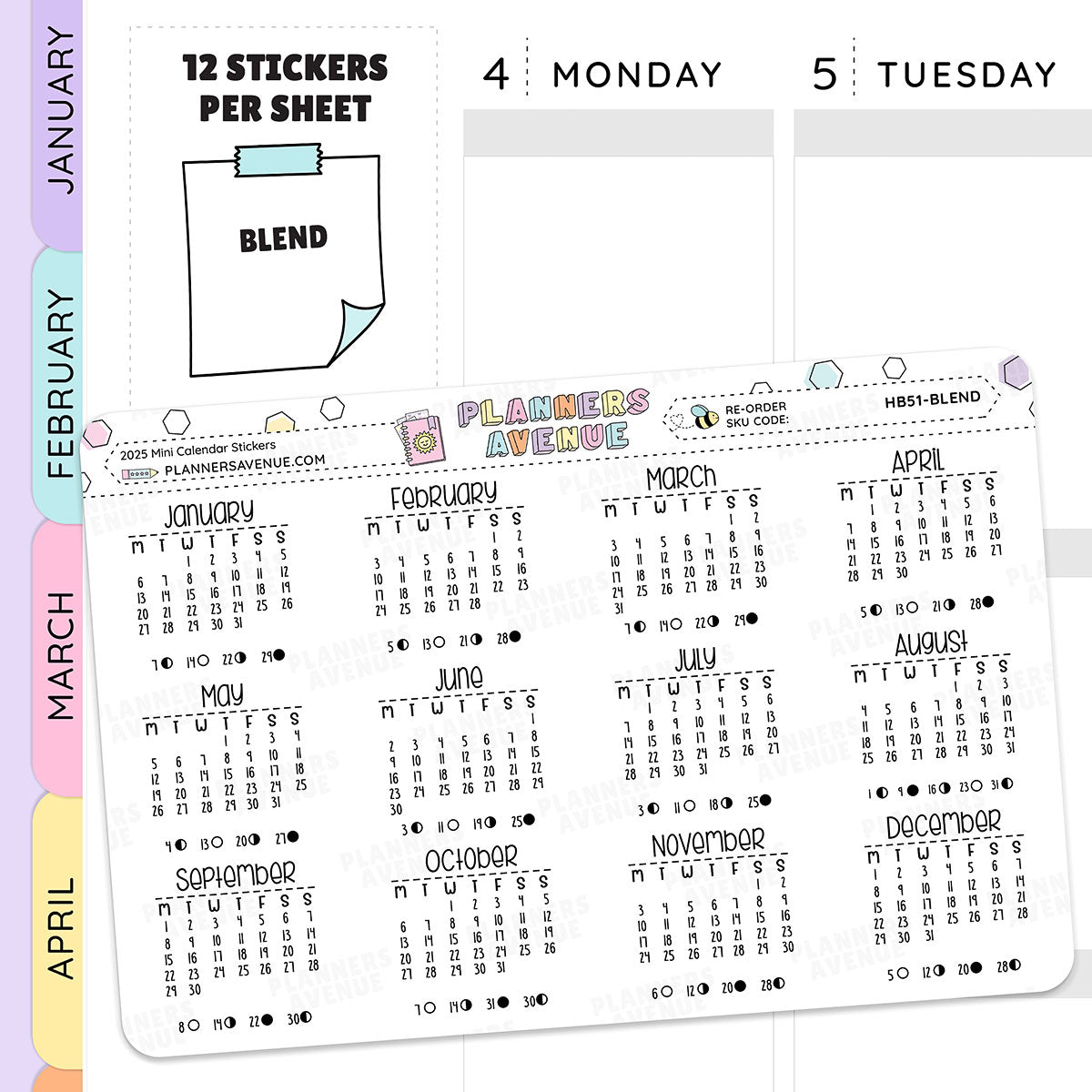 Moon Phase Calendar Month Planner Stickers - 2025